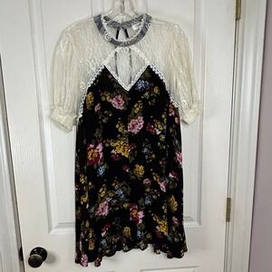 Umgee USA Floral Lace Dress‎ Women's Size L Black Pink Yellow Cottagecore